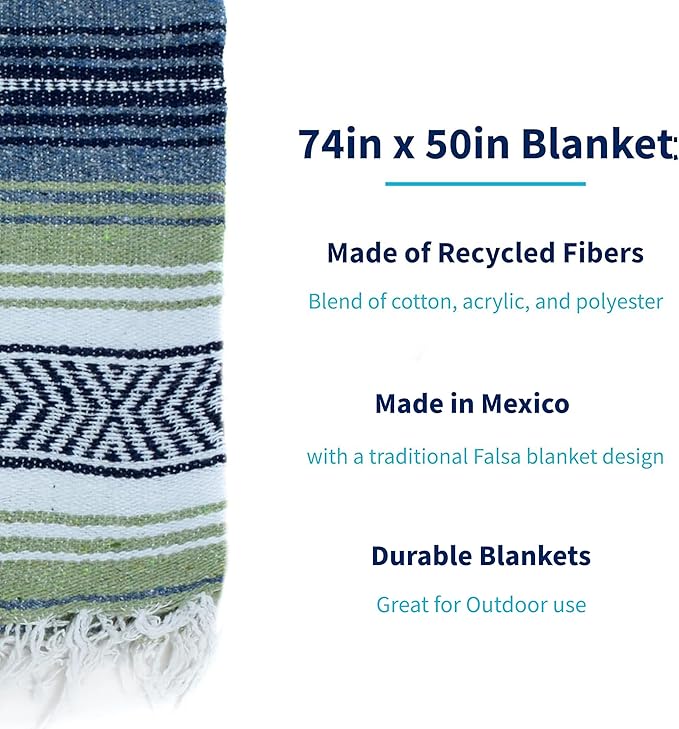 La Montana Mexican Blankets and Throws 4 Pack 74x50 - Made in Mexico Lightweight Yoga Blanket for Schools Studios Outdoors Camping Picnic Decor - Washable Light Olive/Slate Blue/White