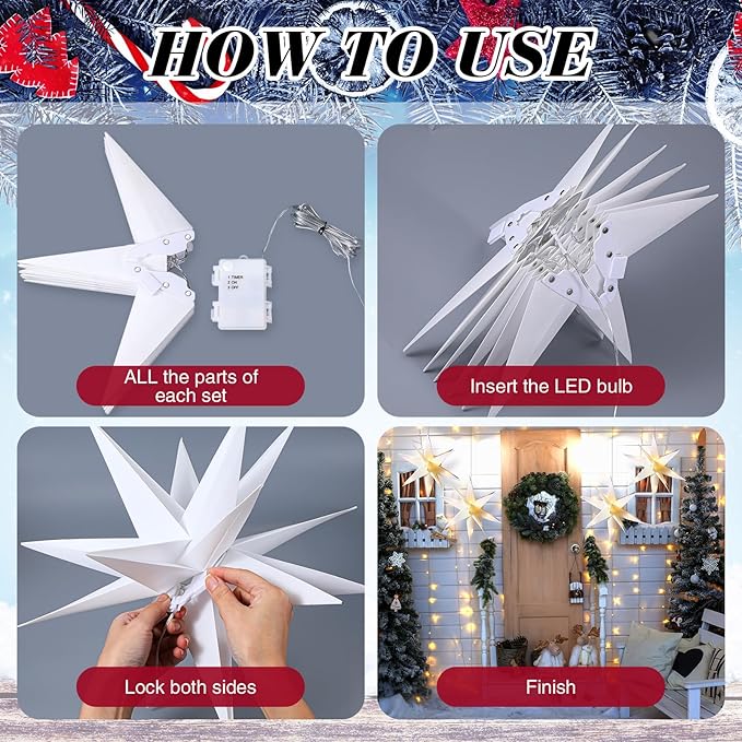 VIHOSE 12 Pcs Large White Moravian 15'' Led Tree Topper 3D Lighted Christmas Holiday Porch Hanging Outdoor Xmas for Window Home Decoration