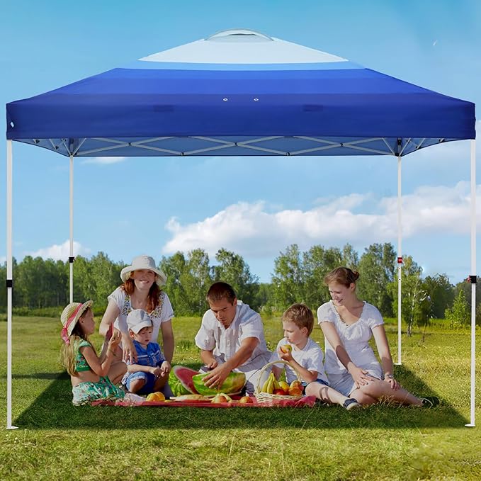 EAGLE PEAK Pop Up Canopy Tent with Wheeled Carry Bag 8 Stakes 4 Ropes 4 Weight Bags Easy Set Up Tent Canopy 10x10 ft 100sqft of Shade Blue Fade Stripe
