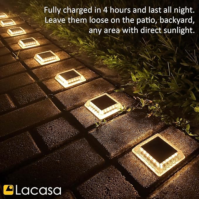 Lacasa Solar Deck Lights 8 Pack 30LM LED Dock Lights Warm White 2700K Outdoor Solar Powered Step Lights Light up All Night IP68 Waterproof Auto ON/Off for Garden Stairs Driveway Pathway Lighting