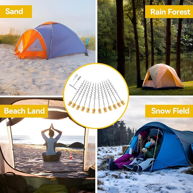 12 PCS Screw in Tent Stakes for Women Men - Ground Anchors for Sand Canopy Trampolines Camping Aluminium Heavy Duty Rust Prevention Pegs Drillable Lightweight Safe - Silvery 14 inch