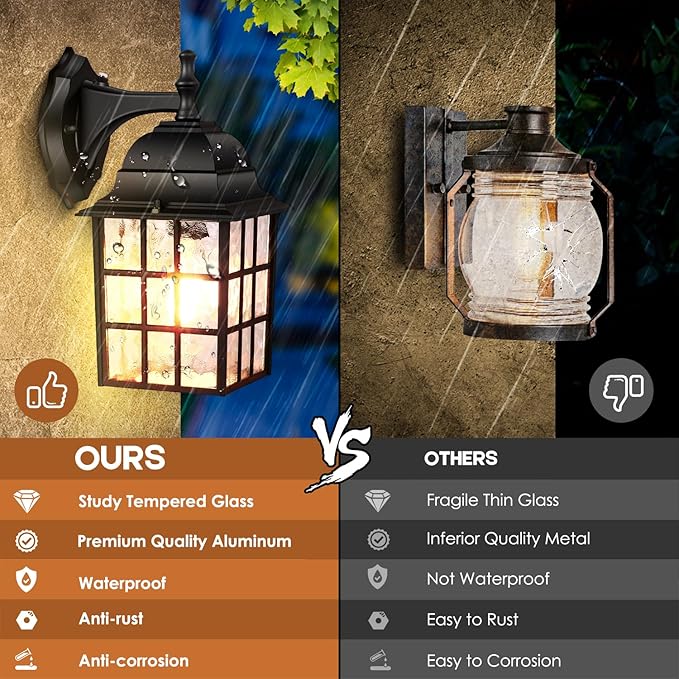Brightever 2-Pack Dusk to Dawn Outdoor Wall Lantern Exterior Light Fixtures with Photocell Sensor Black Wall Light Waterproof Waterfall Glass Outside Wall Sconce for Porch House Garage