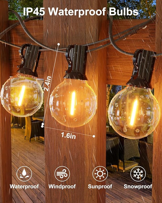 GLUROO 200FT(100FT*2PC) Outdoor String Lights G40 LED Patio Lights with 100+4 Bulbs Waterproof Shatterproof Dimmable Globe Hanging Outdoor Patio Lights Cafe Bistro Outside Lights for Patio