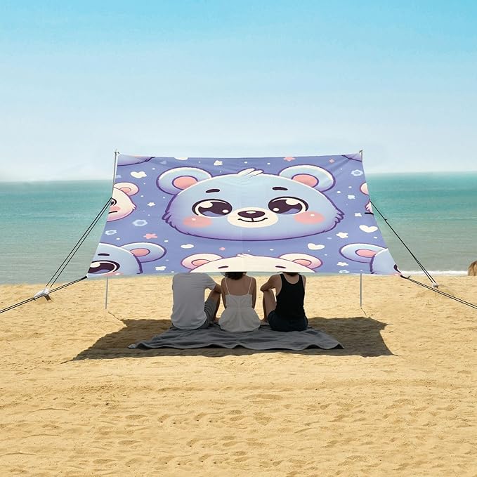 Cute Cartoon Bear Face Design Camping Sun Shelter Beach Tent Portable Beach Sun Shade Outdoor Canopy for Camping Trips Fishing Picnic