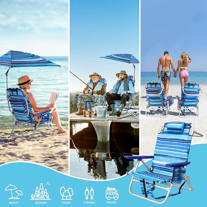 Beach Chair Backpack Chairs for Adults with Adjustable Umbrella Folding Beach Chairs with Storage Pouch Cup Holder &amp Towel Rack Adjustable Lounge Chair for Seaside Blue Strap