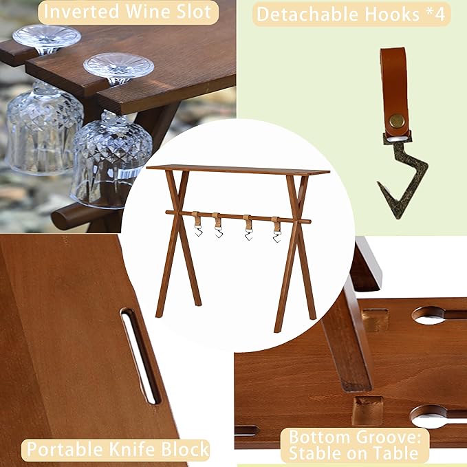 Portable Wooden Picnic Rack &amp Table – Lightweight Beechwood Shelf with Metal Hooks for Outdoor Kitchen RV BBQ &amp Camping Storage