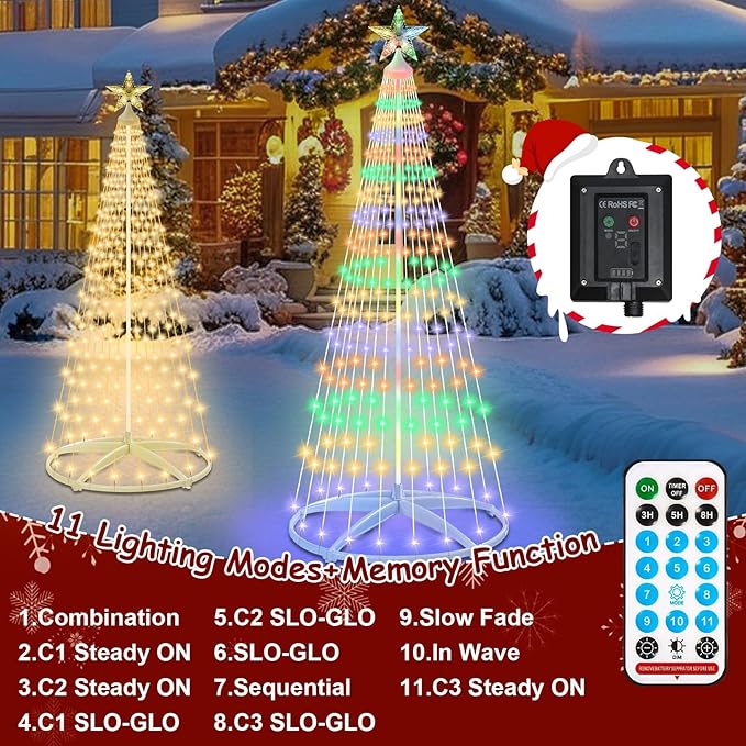 6ft Solar Powered Christmas Cone Tree Lights with Star Topper Outdoor Christmas Tree with 11 Modes Timer Remote Dimmable Waterproof for Yard Holiday Christmas Decoration Warm White &amp Multicolo