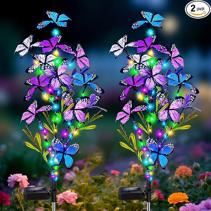 Solar Garden Lights Outdoor Waterproof 2 Pack Solar Butterfly Lights with 60 LED 12 Butterfly Colorful Lighting for Garden Yard Lawn Outdoor Decor Gift for Mom Women Mother's Day