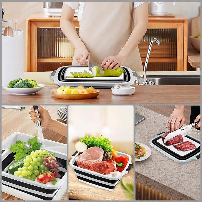 Collapsible BBQ Prep Tub with Cutting Board &amp Lid Folding Food Container BPA-Free Heavy-Duty Dishwasher Safe Upgraded Drain Hole - for Camping Grilling Outdoor Cooking (Black XX-Large)