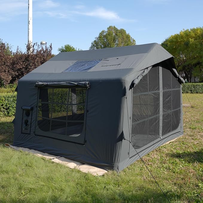 8㎡ Luxury Inflatable Camping Tent for 3-8 People UV-Resistant 4-Season Family Tent with Chimney Port &amp Skylight Oxford Fabric or Tech Cotton – White Tank Gray Aurora Green