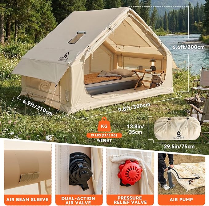 4 Person Inflatable Tent with Stove Jack &amp Canopy 4 Season Glamping Air Tent with Panoramic Skylight AC &amp Power Port Waterproof Blow Up Tent House for Camping Easy Setup
