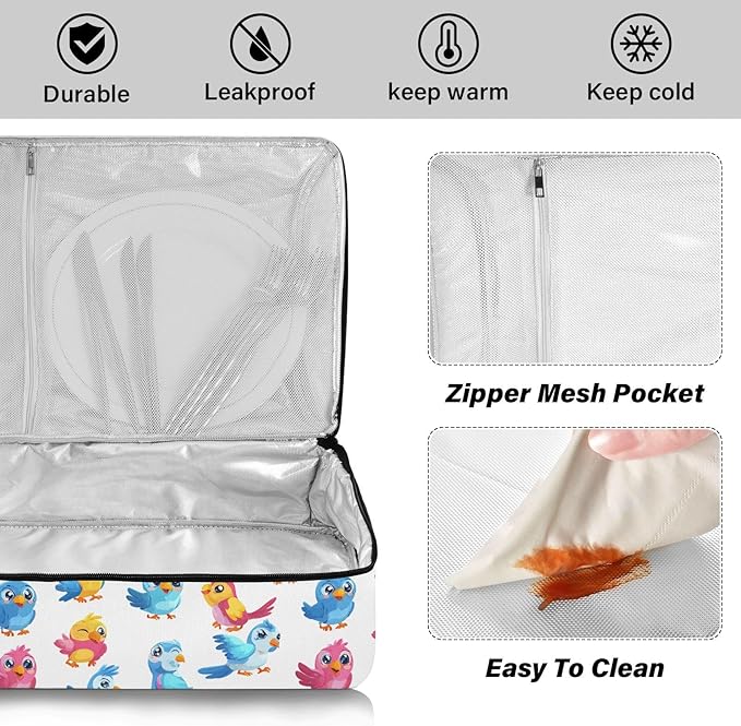 Casserole Carrier Cute Cartoon Bird PatternInsulated Casserole Carrier for Hot or Cold Food Thermal Lunch Tote for Potluck Parties Picnic Beach Fits 9 x 13 Inches Baking Dish