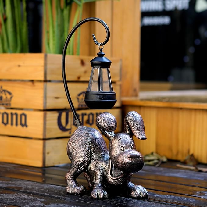 Laughing Dog Figurine with Solar-Powered LED Light 15.9 Inch Tall Antique Bronze Perfect for Gift Garden Decor or Housewarming for Dog Lovers
