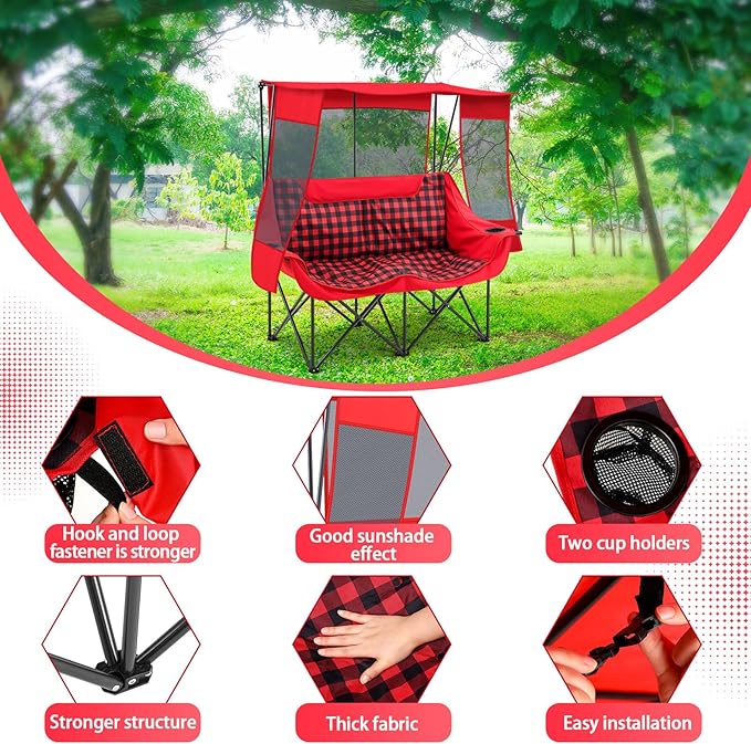 Double Camping Chair with Canopy Shade 660lbs Heavy Duty Beach Chair Portable Folding 2 Person Camping Loveseat with Cup Holder and Storage Bag for Lawn Beach Outdoor Sport(Red Plaid)