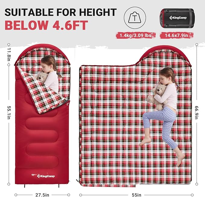 KingCamp 45°F Kids Sleeping Bag Lightweight Waterproof &amp Compact Flannel Sleeping Bags Cold Weather &amp Warm Youth Essentials Gear Accessories for Camping Fits 10-12 Children up to 4'7-5'5 T