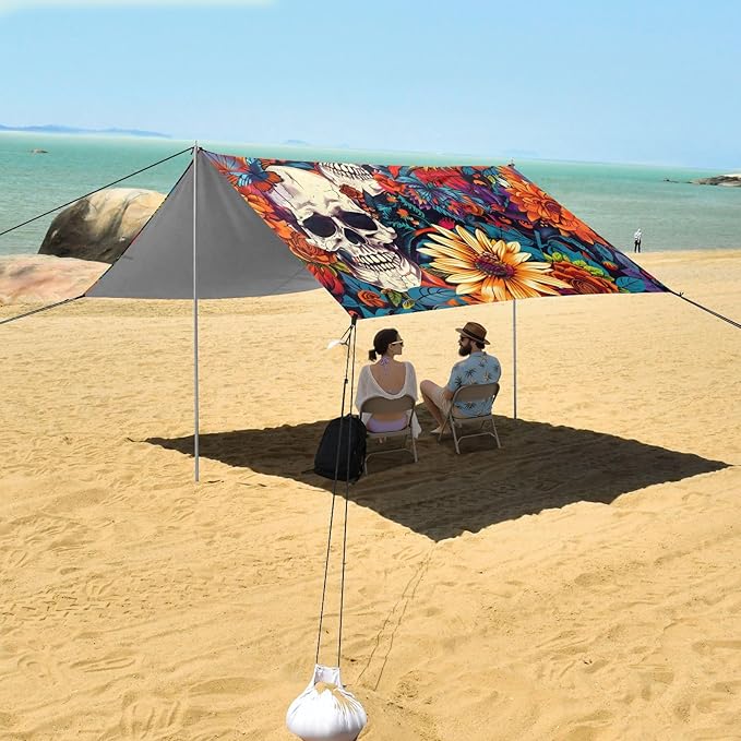 Beach Tent Sun Shelter Skull Bright Flowers Lightweight &amp Easy Setup Beach Shade Canopy for Camping Fishing