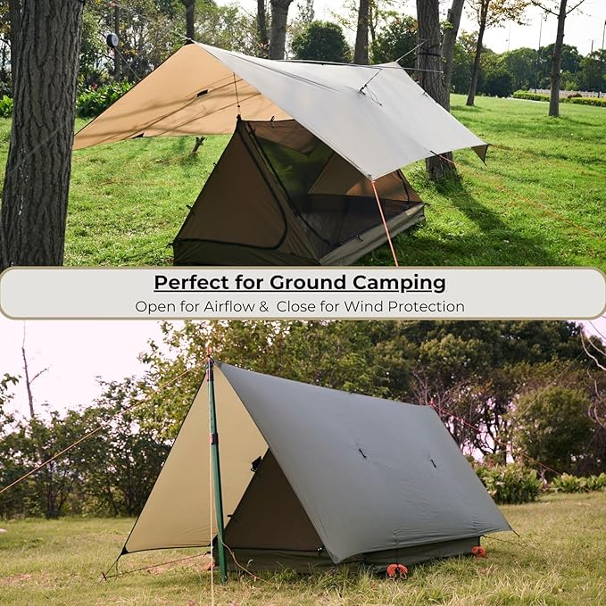 onewind 12×10 ft Hammock Tarp Ultralight Tarp Silnylon Hammock Rain Fly Lightweight Waterproof Camping Tent Tarp with Doors Easy to Setup with Stuff Sack Tent Stakes OD Green
