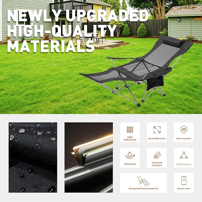 Reclining Camping Chair with Removable Footrest Adjustable Camping Lounge Beach Chair with Padded Headrest Cup Holder &amp Carry Bag Camp Chair with Foot Rest Lawn Chair for Outdoor Patio Black M