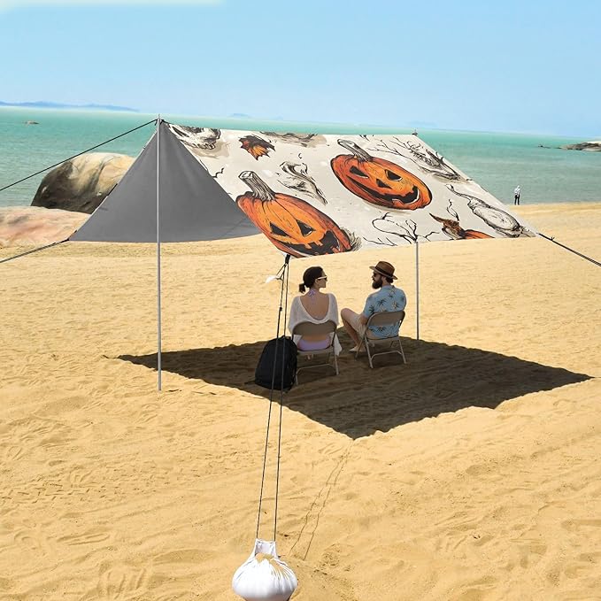 ALAZA Halloween Pumpkin Skull Beach Tent Sun Shelter UPF50+ Protection Beach Shade Canopy w/ 4 Sandbags for Outdoor Camping Fishing Backyard Fun Picnic 10x9 ft