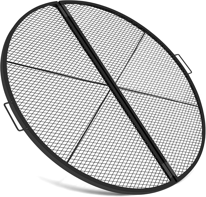 40 Inch X-Marks Fire Pit Grill Grate Round Foldable Fire Pit Cooking Grate Heavy Duty Steel Campfire BBQ Grill Grid with Handles for Outdoor Camping Cooking Black