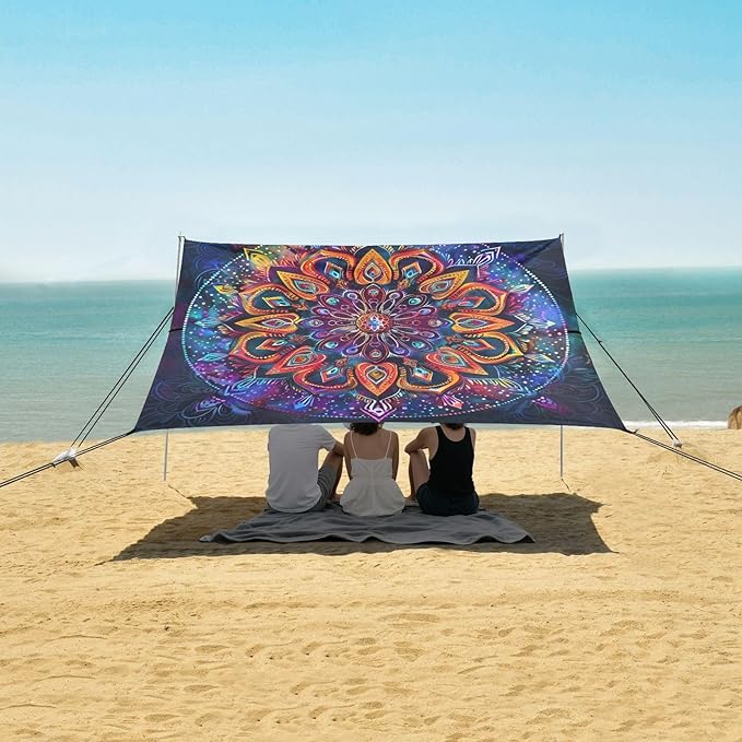 ALAZA Colorful Mandala Tye Die Beach Tent Sun Shelter UPF50+ Protection Beach Shade Canopy w/ 4 Sandbags for Outdoor Camping Fishing Backyard Fun Picnic 10x9 ft