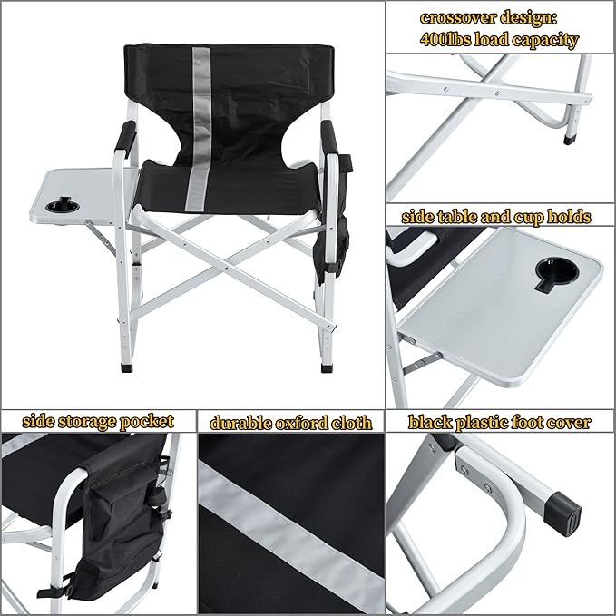 400LBS Heavy Duty Camping Director Chair - Lightweight Aluminum Frame with Foldable Side Table 600D Oxford Seat &amp 3 Storage Pockets Portable for CampingSportsIndoor/Outdoor Adults Use