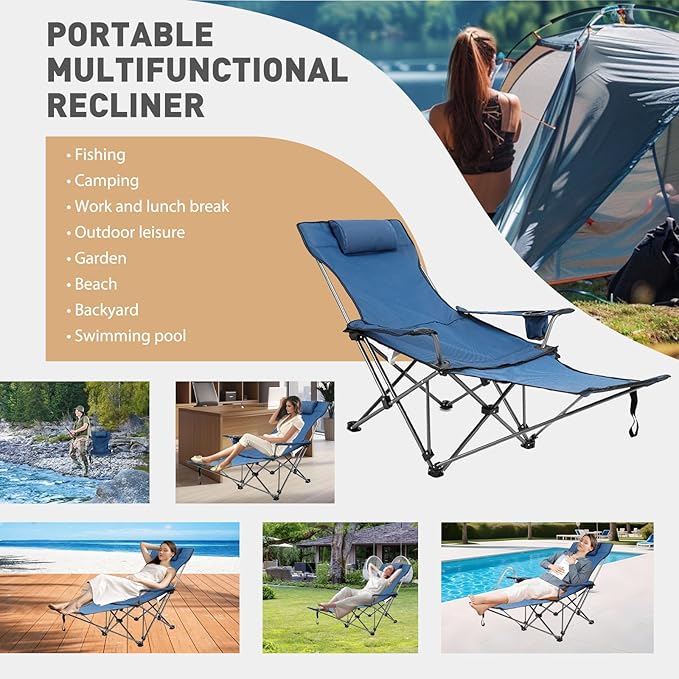 Reclining Folding Camping Chair with Removabel Footrest Adjustable Folde Camping Chair with Foot Rest Camp Lounge Outdoor Beach Chair Oxford Fabric Reclining Design with Pillow Cup Holder Blue