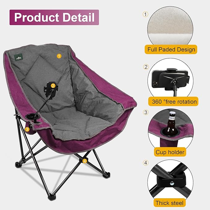 Northroad Oversized Foldable Camping Chair Outdoor Padded Lawn Chair w/Cup HolderCarry Bag for Beach Hiking and PicnicsHeavy-Duty 300-lbs Capacity Purple
