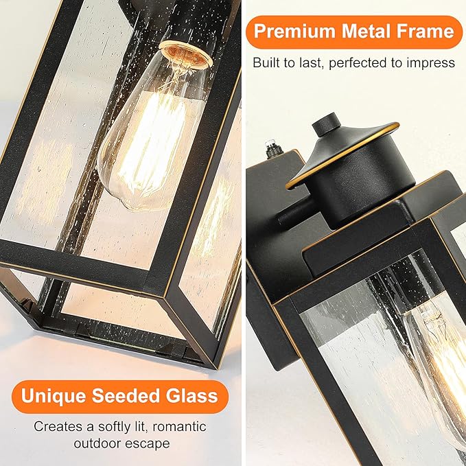 BesLowe 2-Pack Dusk to Dawn Outdoor Wall Lights Modern Porch Lights Outdoor Sconces with Seeded Glass Exterior Lighting Fixtures Outside Lights for House Front Door Garage Black with Gold Trim