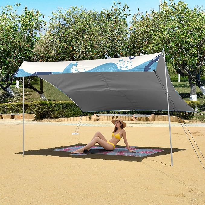 Bolaz Beach Canopy Tent Sun Shade9'×10.5' Large Family Beach Shade UPF50+- Outdoor Shade for Camping Trips FishingWave Boat Anchor Pattern