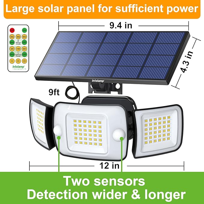 intelamp Solar Flood Lights Outdoor Waterproof 2 Pack 6000mAh 1200LM Solar Powered Dual Motion Sensor LED Lighting Dusk to Dawn Security Floodlight Exterior with Remote 9.8ft Cable for Garden House
