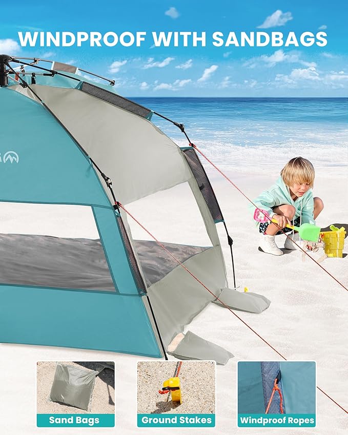 OutdoorMaster Beach Tent Sun Shelter for 3-4 Person Pop Up Beach Tent Easy Setup with Sandbags Portable Sun Shade Canopy with Carrying Bag for Beach &amp Outdoor UPF50+ UV Protection Family Size