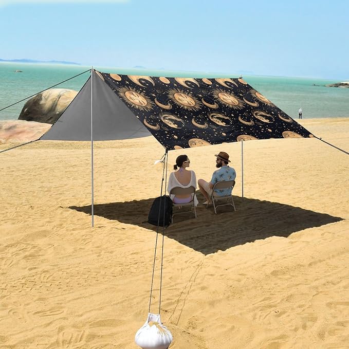 ALAZA Golden Sun Moon Beach Tent Sun Shelter UPF50+ Protection Beach Shade Canopy w/ 4 Sandbags for Outdoor Camping Fishing Backyard Fun Picnic 10x9 ft