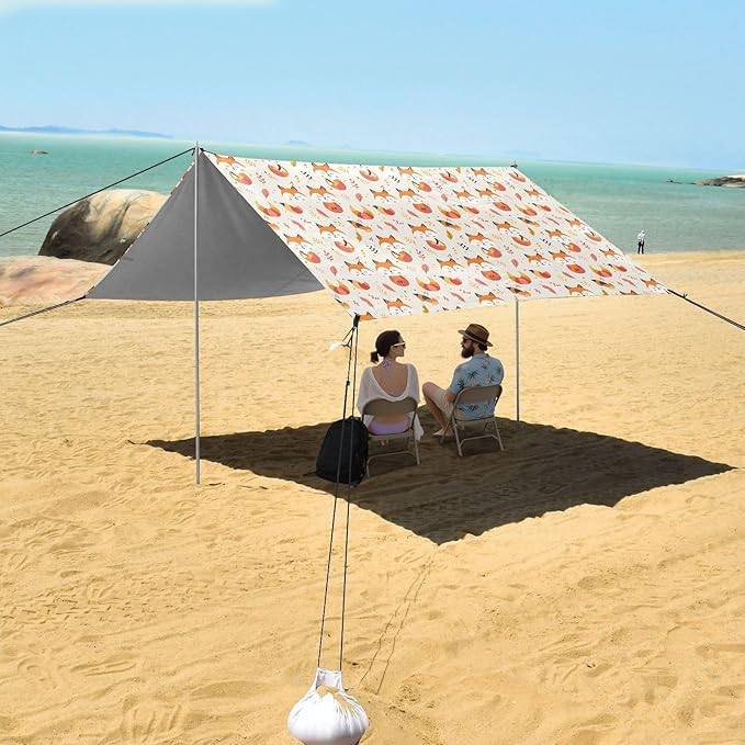 ALAZA Cute Fox Leaves Beach Tent Sun Shelter UPF50+ Protection Beach Shade Canopy w/ 4 Sandbags for Outdoor Camping Fishing Backyard Fun Picnic 10x9 ft