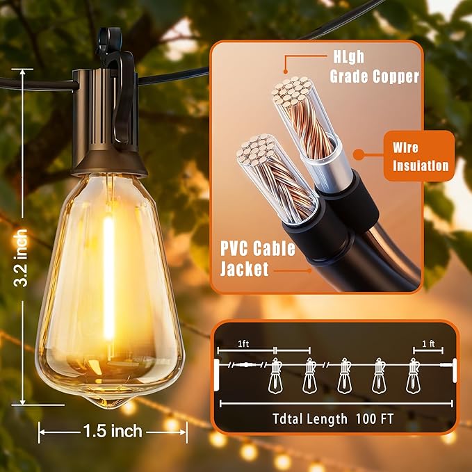 Outdoor Solar Waterproof Light String 50FT Wire and 25+1 LED shatterproof Bulbs dimmable Light Cannon with Remote Control Suitable for Courtyard Terrace Balcony Party Decoration Lighting