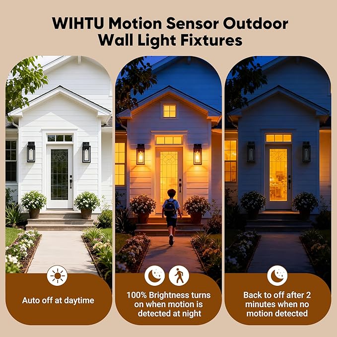 WIHTU Motion Sensor Exterior Porch Light Fixtures Water Ripple Outdoor Wall Lantern 2 Pack Sensor Wall Sconce Lights Waterproof Outside Lantern Lamp Porch Lamp for Garage Doorway(Bulb Included)