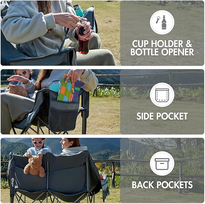 Portal Double Camping Chair 2 Person Folding Loveseat for Adults Padded Cushion Camp Lawn Love Seat with Side Pocket Portable Couch Two Person Heavy Duty Wide Chairs with Cup Holder 600 lbs