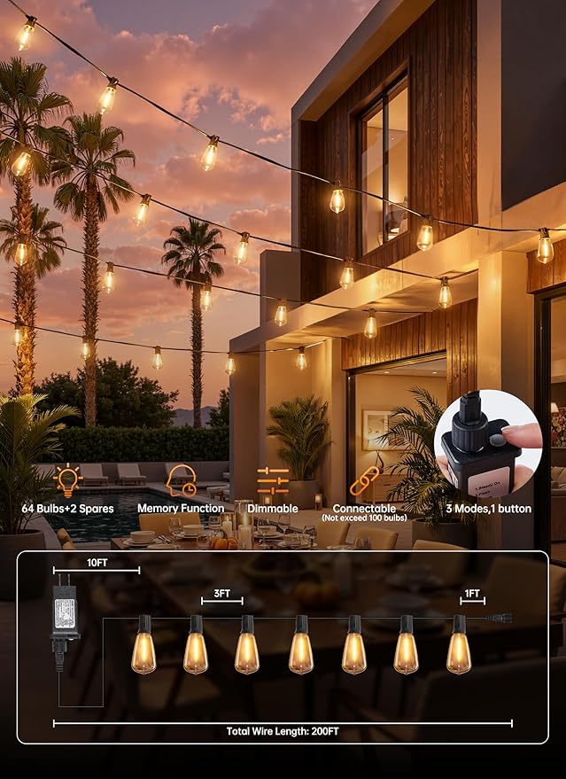 Minetom 200FT Outdoor String Lights with Remote 64+2 Shatterproof ST38 LED Bulbs Waterproof Patio Lights with 3 Modes Dimmable &amp Connectable 2700K Hanging Lights for Backyard Porch Deck Balcony