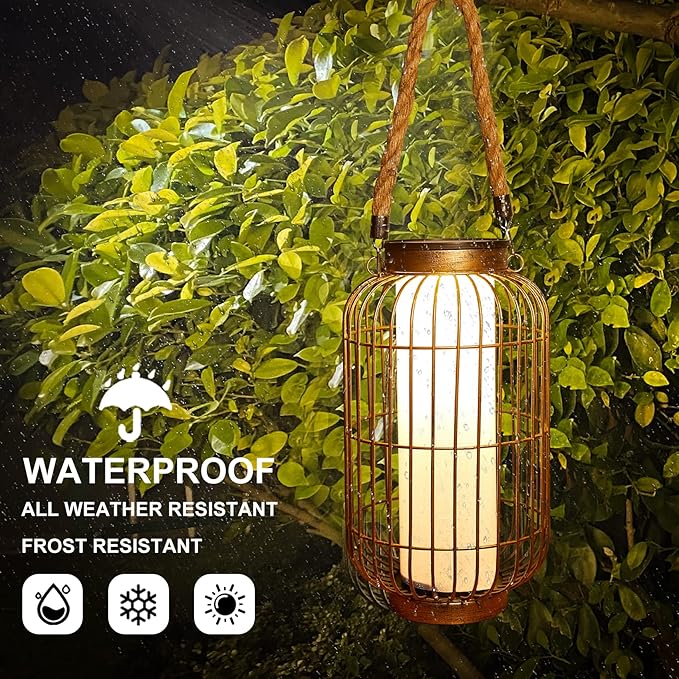 Large Outdoor Solar Lanterns Hanging Light Waterproof LED Garden Lights Solar Powered Retro Metal Auto On Off Table Lamp for Garden Patio Porch Pathway Walkway Tabletop Decorative(Bronze)