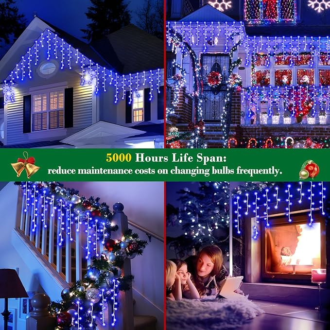 XURISEN 132ft Christmas Lights Decorations Outdoor 1280 LED 8 Modes Fairy Lights with 240 DropsPlug in Waterproof Timer Memory Function for Christmas Holiday Wedding Party Decorations(Blue)
