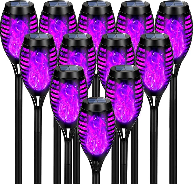 Solar Lights Outdoor Upgraded 12 Pack Purple Solar Torch Light with Flickering Flame Waterproof for Garden Decor Flame Torches for Outside Landscape Porch Yard Pathway Decorations