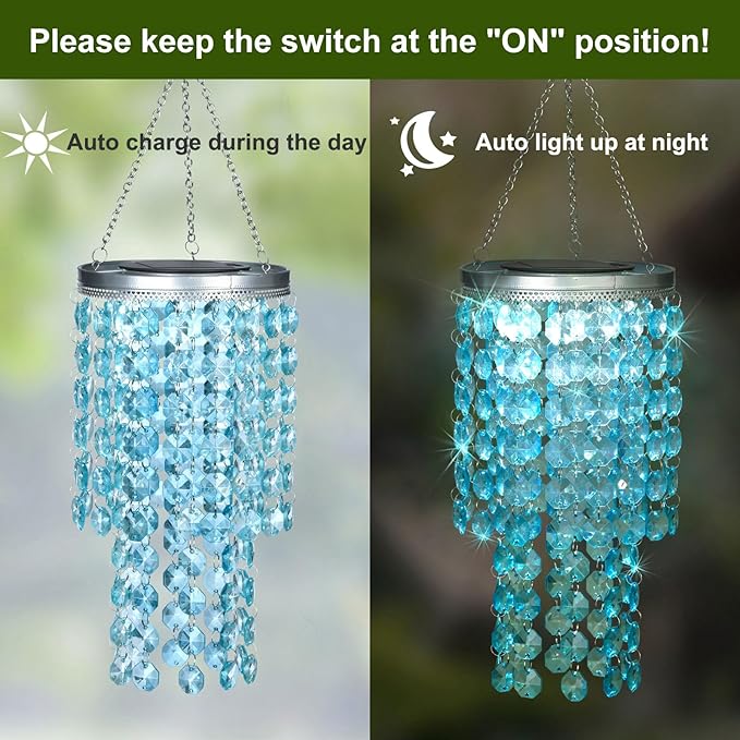 Hanging Solar Crystal Chandelier Outdoor 21” Modern Solar Blue Acrylic Beaded Lantern with Cool White LED S Hooks for Garden Yard Patio Gazebo Outside Decor