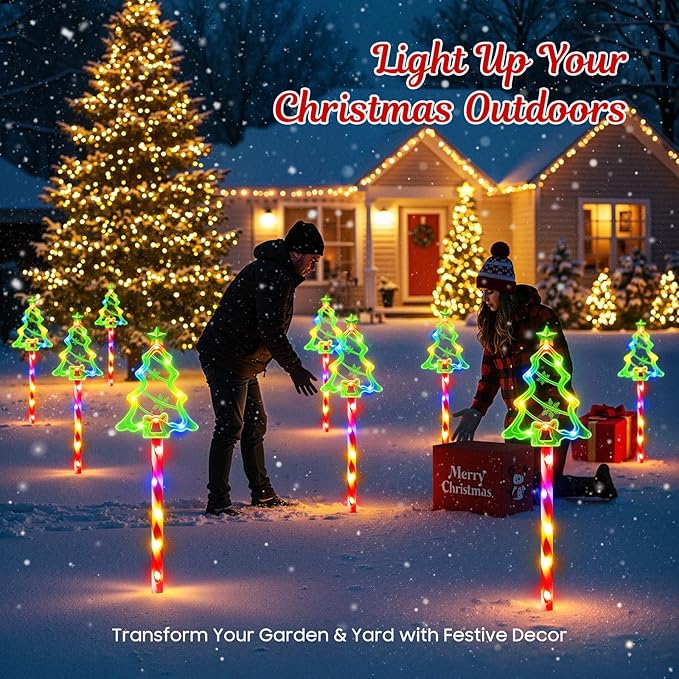 WdtPro Solar Christmas Pathway Lights Outdoor Decorations 10 Pack Xmas Tree Candy Lights for Yard Walkway Lawn Porch 10 Modes Led Waterproof Garden Patio Stake Lights Holiday Decor