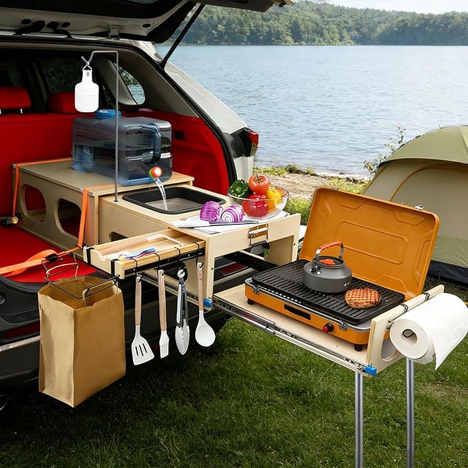 Overland Kitchen Slide-Out System All-in-One Camp Kitchen Box with Sink Chopping and Cooking Right Side Folding Camping Table for SUV Overlanding Car Camping 1-Minute Setup