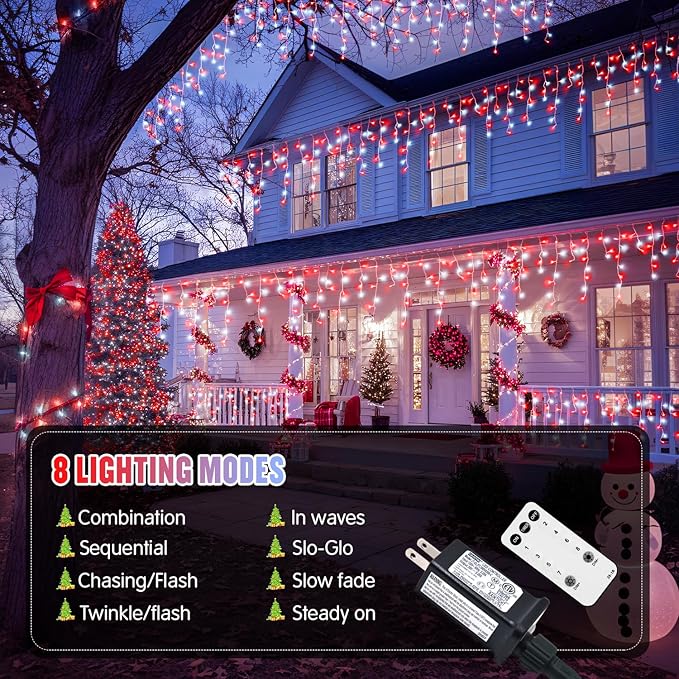 JMEXSUSS 38.8 Ft 400 LED Icicle Christmas Lights for Outside 8 Modes Red and White Icicle String Lights Plug in with Remote Christmas Lights Indoor Outdoor for Halloween Party Christmas Decoration
