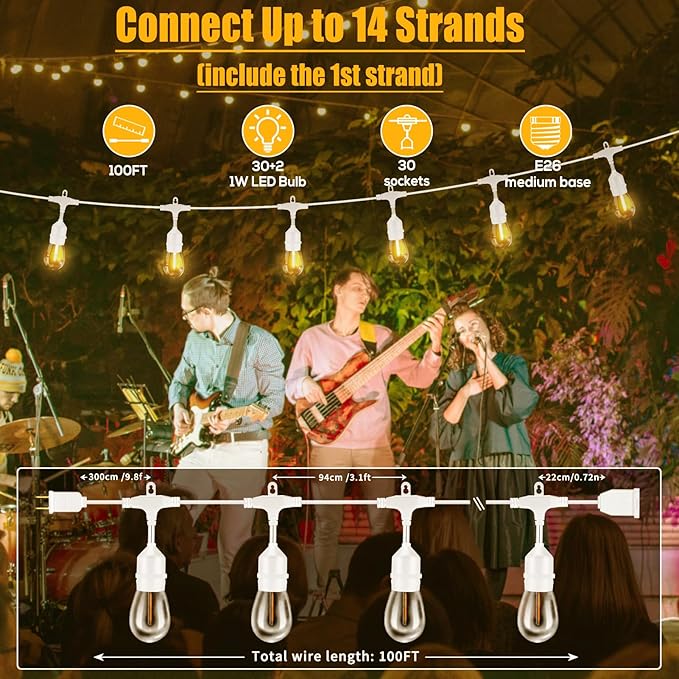 SUFEIMAS 100FT White Outdoor String LightsIP65 Waterproof 30+2 Plastic LED Bulbs 2700K White Patio String Lights for Outside Porch Pergola Backyard Bistro GardenWedding Lights