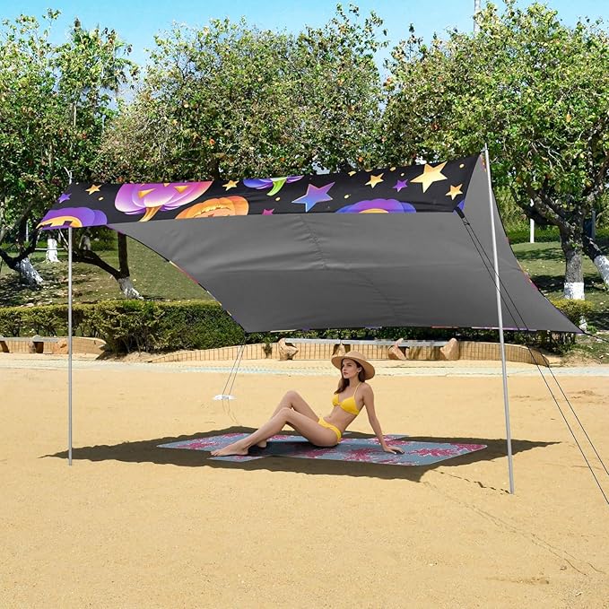 ALAZA Halloween Rainbow Pumpkin Cute Beach Tent Sun Shelter UPF50+ Protection Beach Shade Canopy w/ 4 Sandbags for Outdoor Camping Fishing Backyard Fun Picnic 10x9 ft