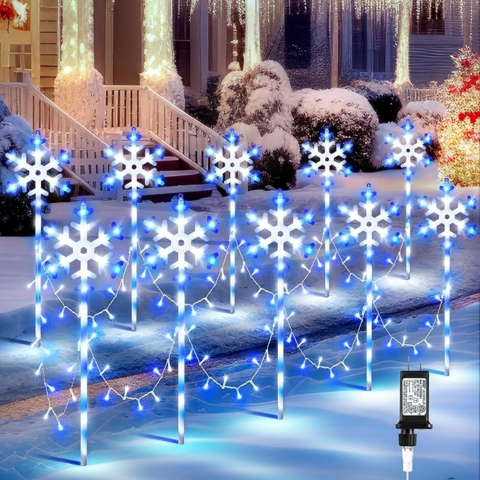 10 Pcs Christmas Snowflake Pathway Stake Lights for Outdoor Yard 370 Bright LEDs Waterproof Large Christmas Snowflake Light Decoration for Garden Lawn Driveway Walkway Decor (Blue White)