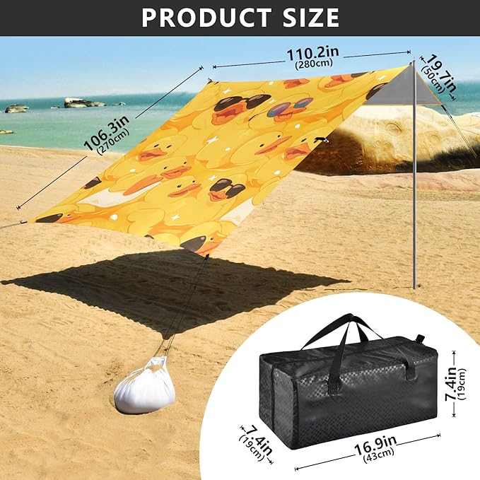 ALAZA Happy Yellow Duck W/Sunglasses Beach Tent Sun Shelter UPF50+ Protection Beach Shade Canopy w/ 4 Sandbags for Outdoor Camping Fishing Backyard Fun Picnic 10x9 ft
