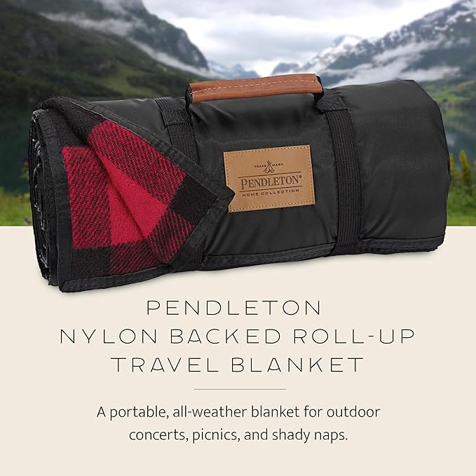 Pendleton Roll-Up Travel Blanket 60” x 70” Durable Wool Blanket with a Waterproof Nylon Backing Portable for Travel Camping and Picnics with Leather Handle Grip and Patch